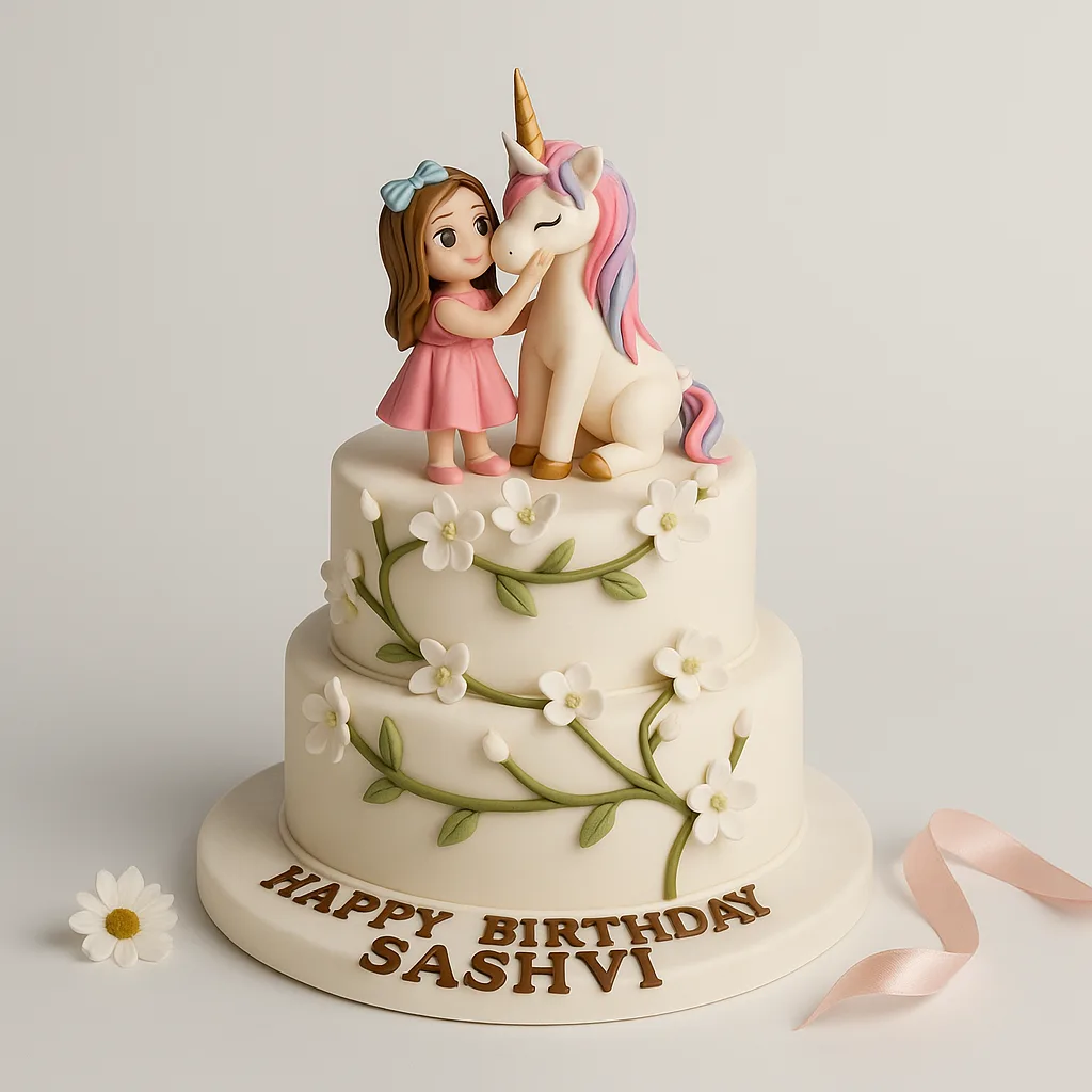 2 Tier Floral Unicorn Girl Figurine Cake - TF Cakes Online Delivery Freshly baked handcrafted 2 Tier Floral Unicorn Girl Figurine Cake – Cake design by TF Cakes