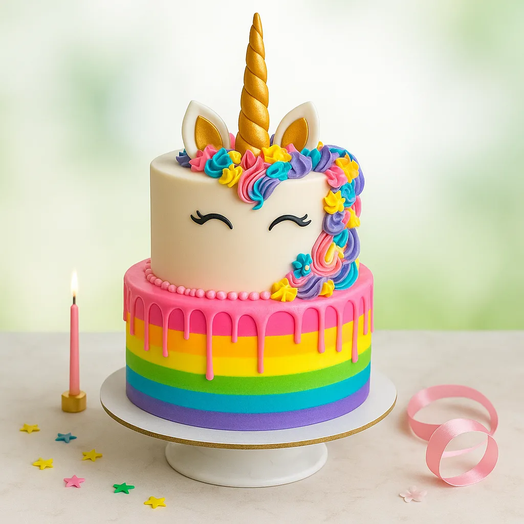 2 Tier Unicorn Rainbow Drip Cake - TF Cakes Online Delivery Freshly baked handcrafted 2 Tier Unicorn Rainbow Drip Cake – Cake design by TF Cakes