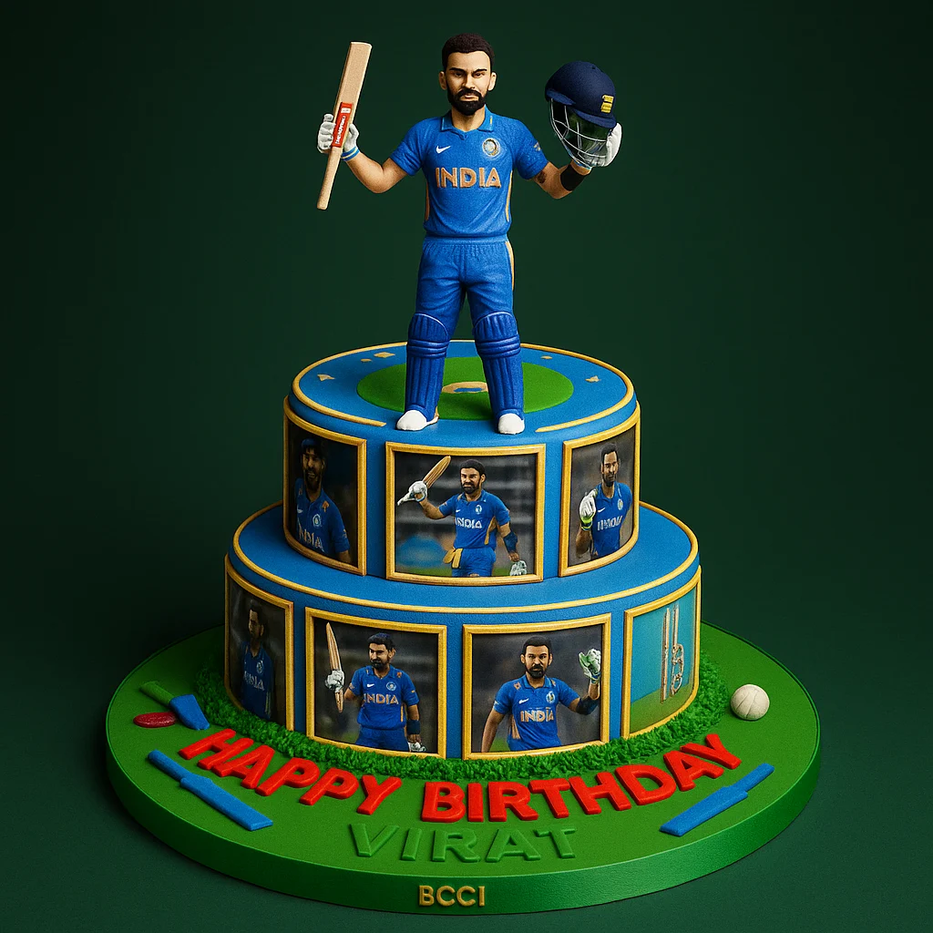 2 Tier Virat Kohli Photo Cake - TF Cakes Online Delivery Freshly baked handcrafted 2 Tier Virat Kohli Photo Cake – Cake design by TF Cakes