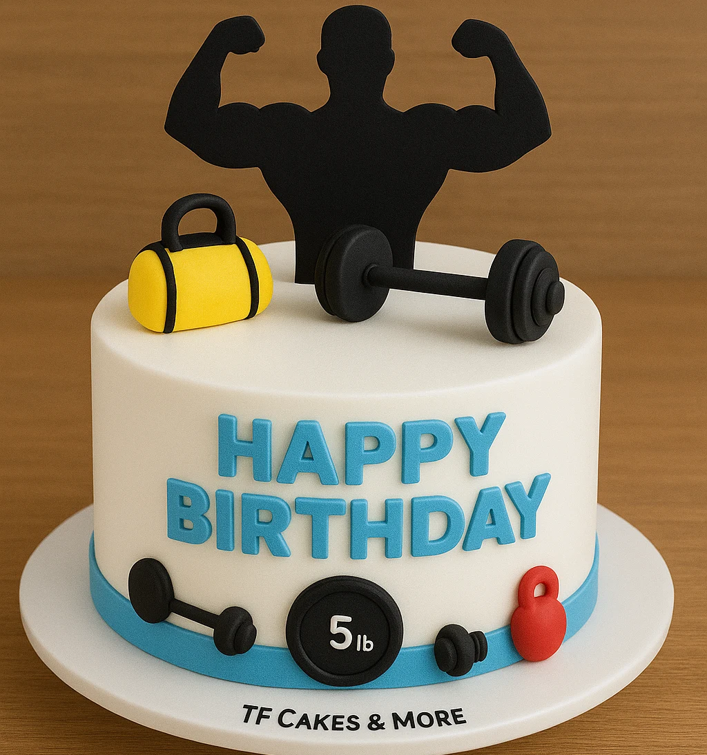 Freshly baked handcrafted 5lb Gym Starter Cake – Cake design by TF Cakes
