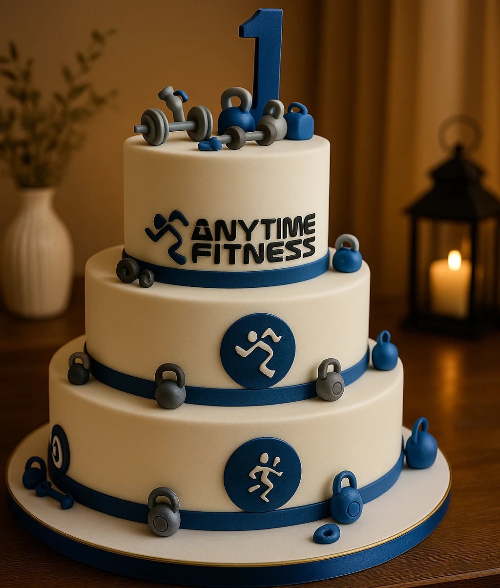 Anytime Fitness 3 Tier Cake - TF Cakes Online Delivery Freshly baked handcrafted Anytime Fitness 3 Tier Cake – Cake design by TF Cakes
