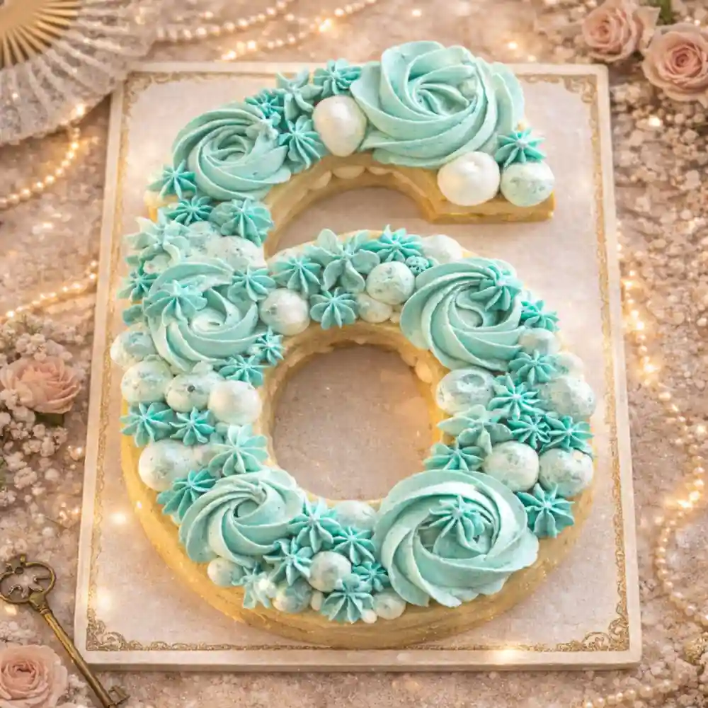 Aqua Blue Number 6 Cake - TF Cakes Online Delivery Freshly baked handcrafted Aqua Blue Number 6 Cake – Cake design by TF Cakes