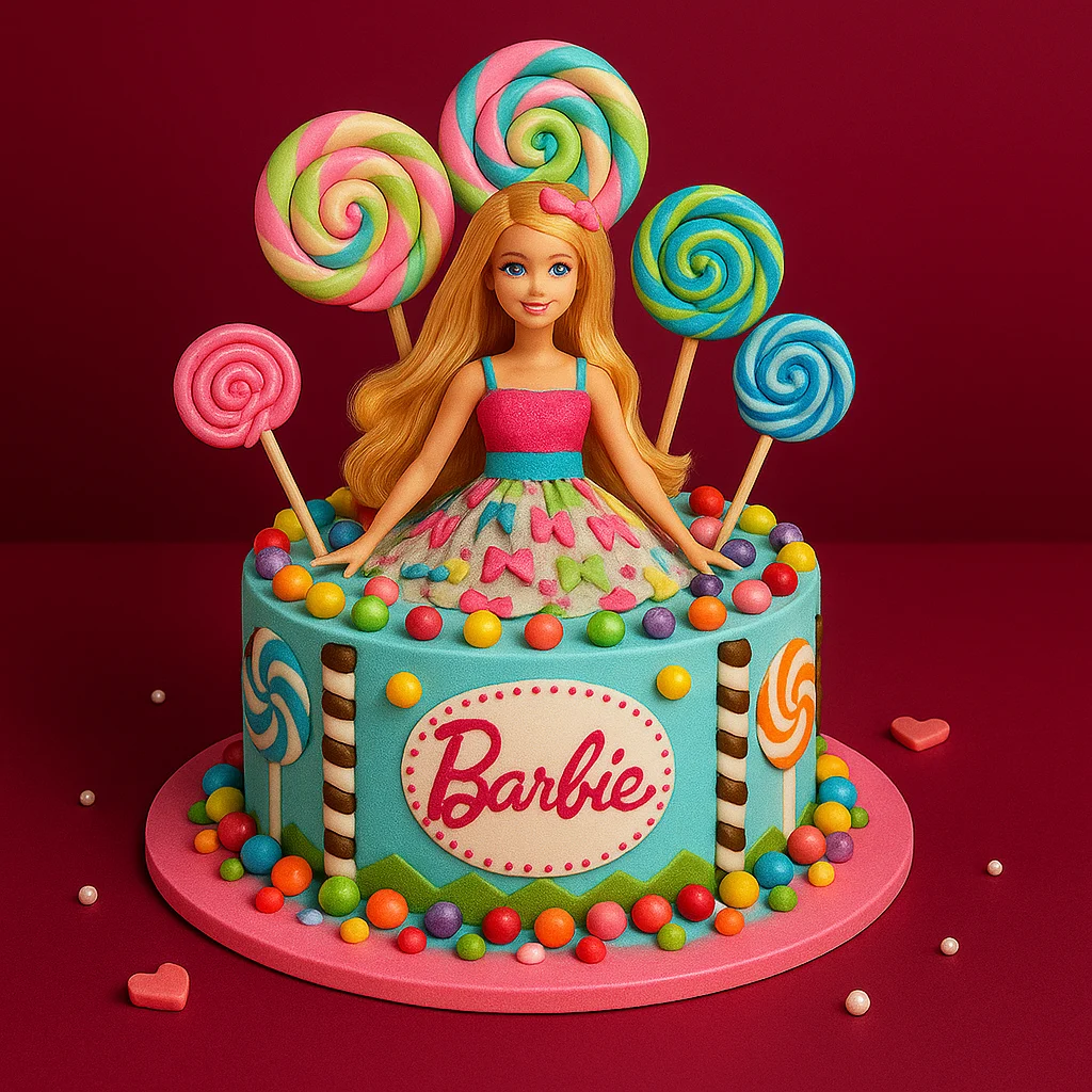 Barbie Candyland Lollipop Cake - TF Cakes Online Delivery Freshly baked handcrafted Barbie Candyland Lollipop Cake – Cake design by TF Cakes