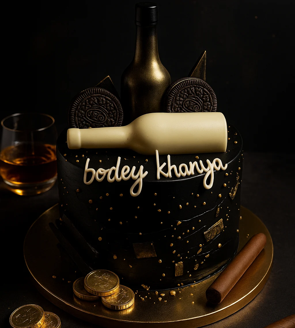 Black Bottle & Gold Cake - TF Cakes Online Delivery Freshly baked handcrafted Black Bottle & Gold Cake – Cake design by TF Cakes