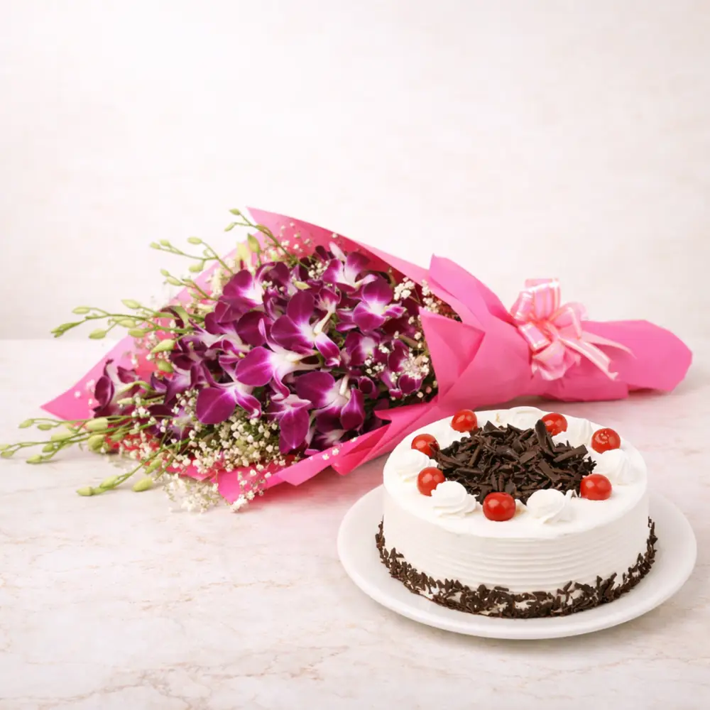 Freshly baked handcrafted Black Forest Cake with Purple Orchid Flower Bouquet – Cake design by TF Cakes