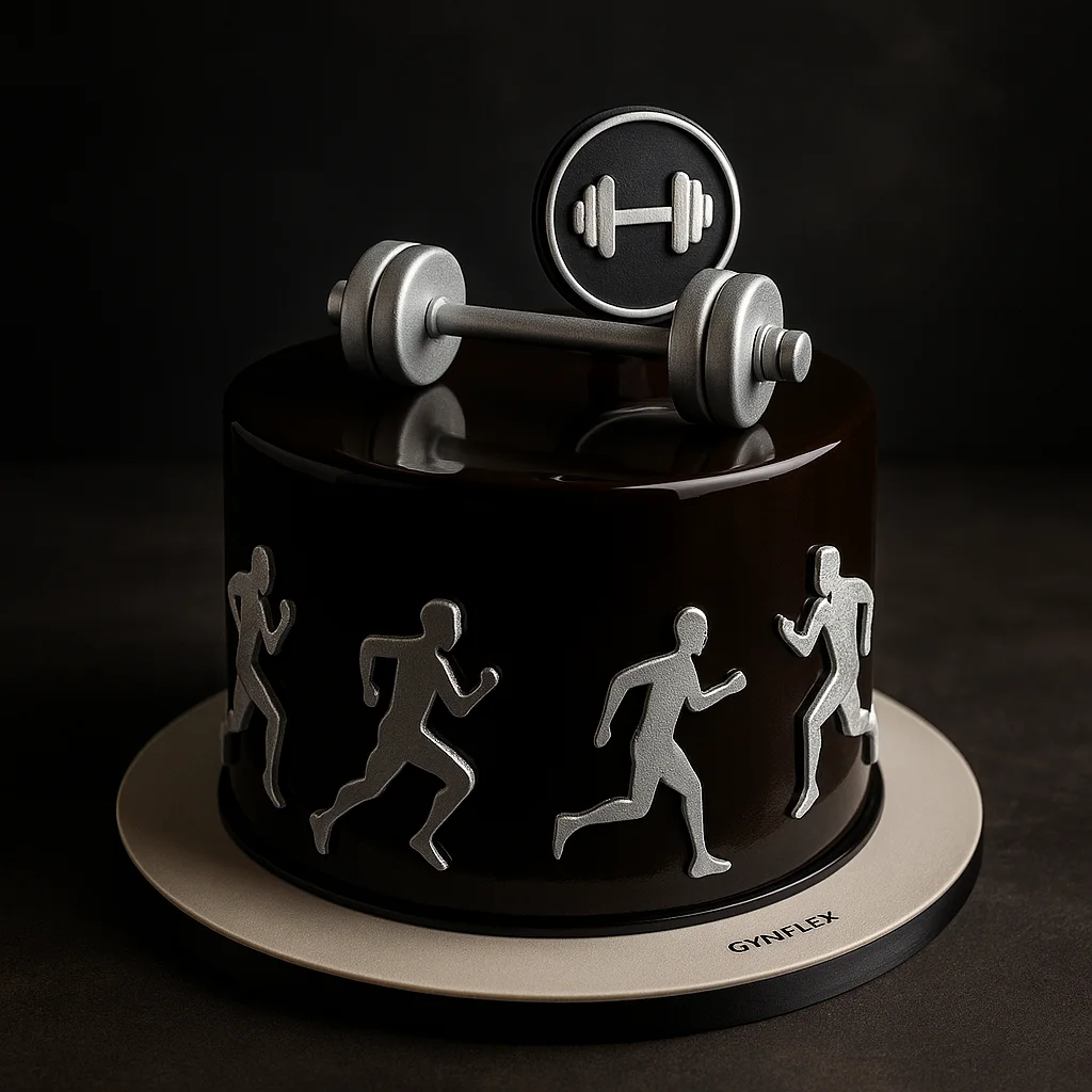 Freshly baked handcrafted Black Gloss Gym Cake – Cake design by TF Cakes