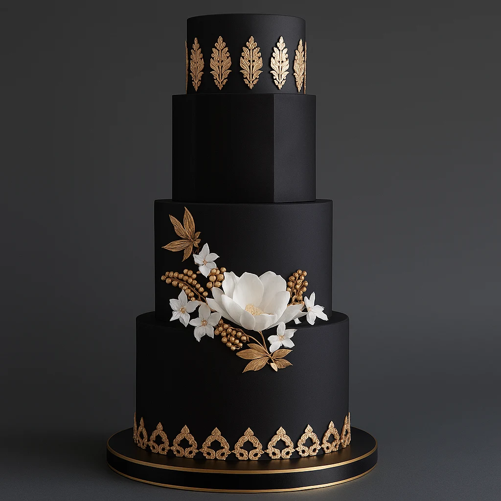 Black & Gold Wedding Cake - TF Cakes Online Delivery Freshly baked handcrafted Black & Gold Wedding Cake – Cake design by TF Cakes