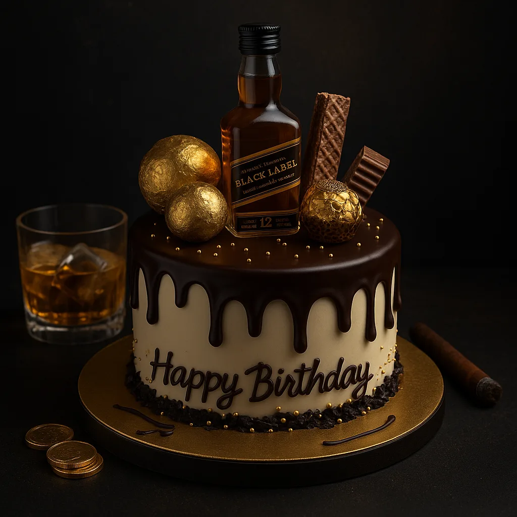 Black Label Gold Drip Cake - TF Cakes Online Delivery Freshly baked handcrafted Black Label Gold Drip Cake – Cake design by TF Cakes