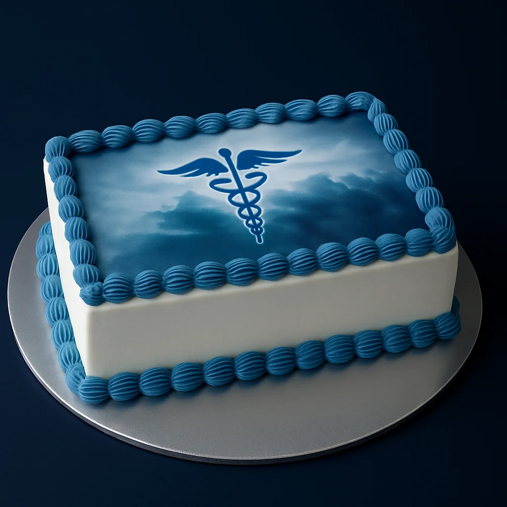 Blue Medical Logo Sheet Cake - TF Cakes Online Delivery Freshly baked handcrafted Blue Medical Logo Sheet Cake – Cake design by TF Cakes