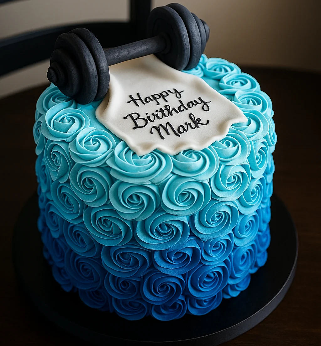 Freshly baked handcrafted Blue Ombre Dumbbell Cake – Cake design by TF Cakes