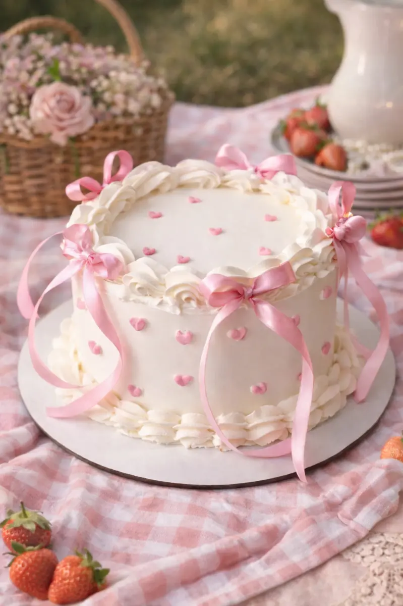 Freshly baked handcrafted Blush Pink Bow Vintage Cake – Cake design by TF Cakes