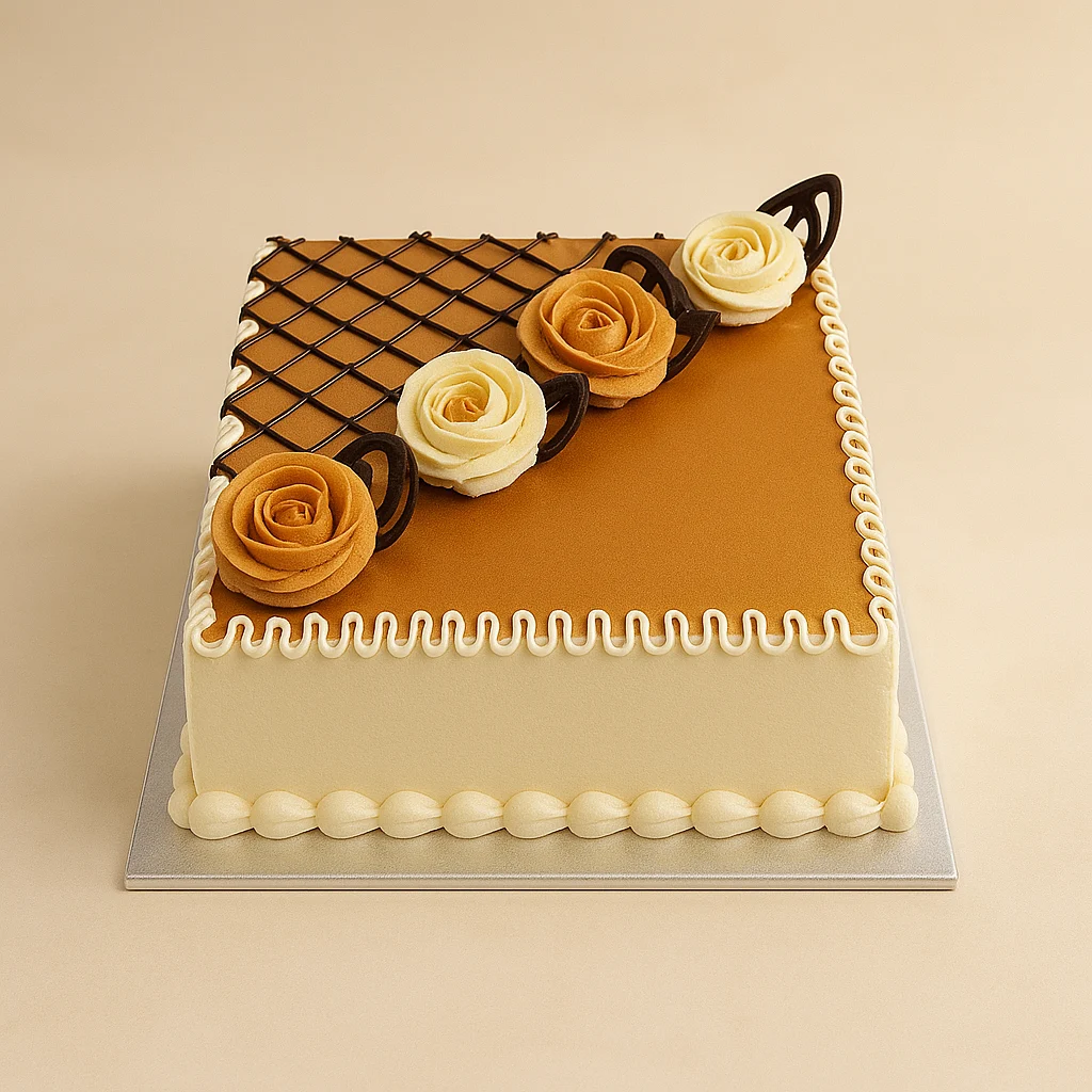 Caramel Rose Square Cake - TF Cakes Online Delivery Freshly baked handcrafted Caramel Rose Square Cake – Cake design by TF Cakes