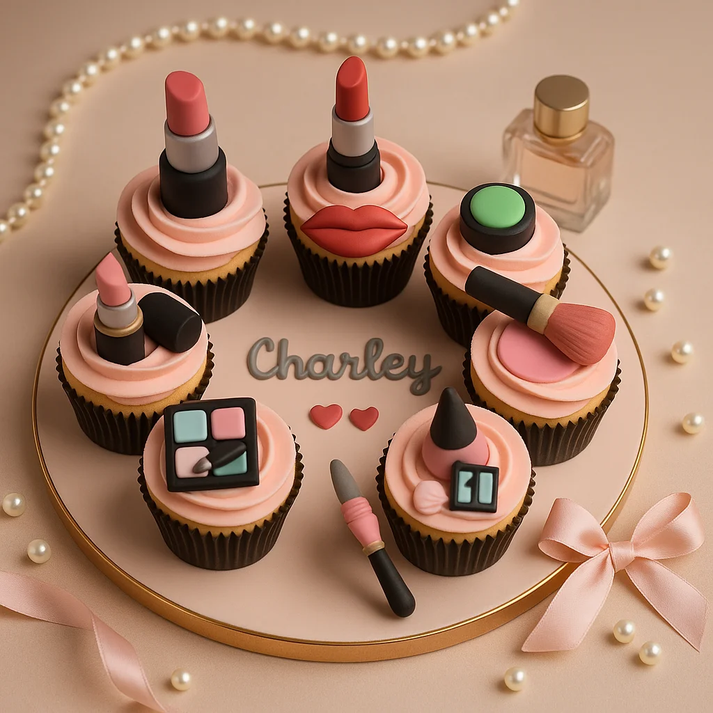 Charley Makeup Cupcake Platter - TF Cakes Online Delivery Freshly baked handcrafted Charley Makeup Cupcake Platter – Cake design by TF Cakes