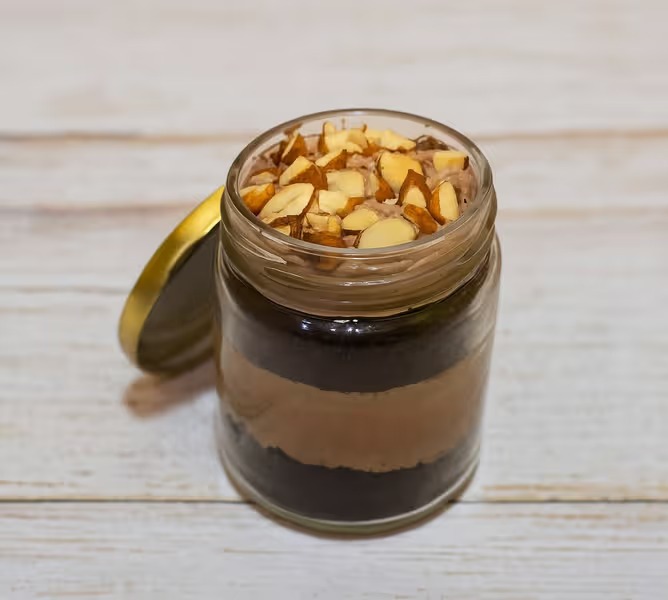 Freshly baked handcrafted Chocolate Almond Jar Cake – Cake design by TF Cakes