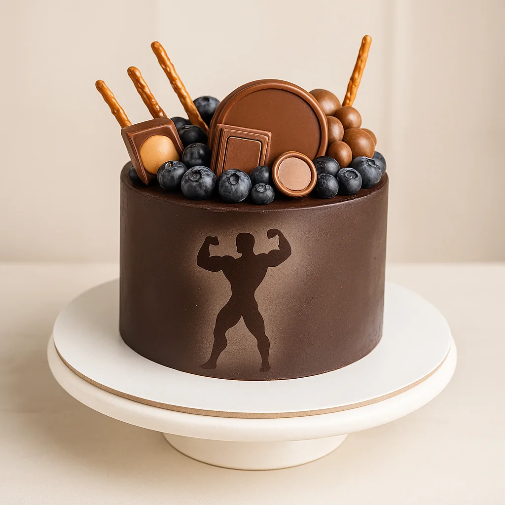 Freshly baked handcrafted Chocolate Bodybuilder Cake – Cake design by TF Cakes