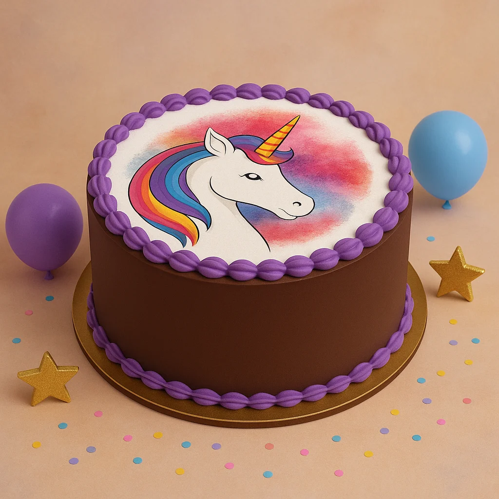 Chocolate Photo Print Unicorn Cake - TF Cakes Online Delivery Freshly baked handcrafted Chocolate Photo Print Unicorn Cake – Cake design by TF Cakes