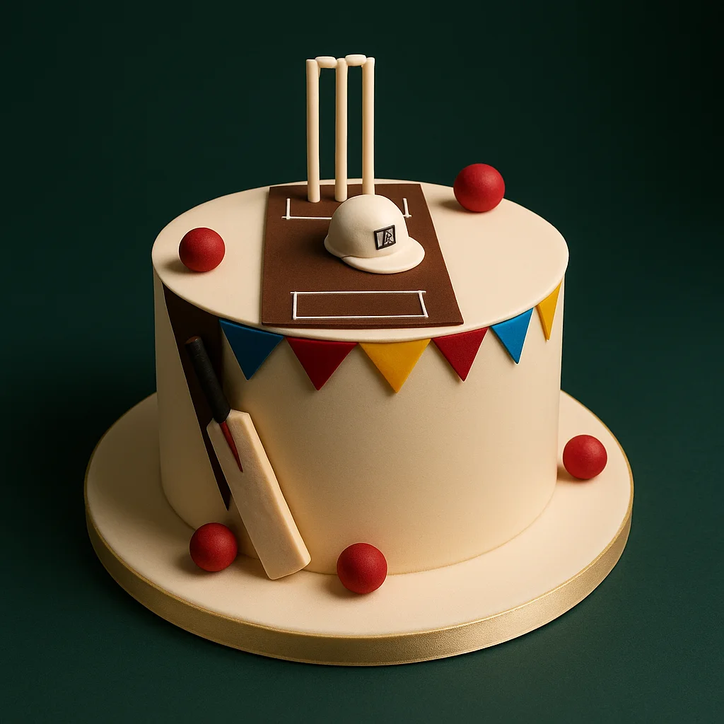Classic Cricket Themed Cake with Bunting - TF Cakes Online Delivery Freshly baked handcrafted Classic Cricket Themed Cake with Bunting – Cake design by TF Cakes