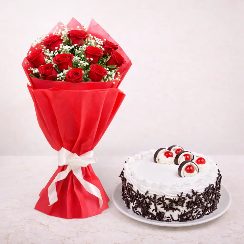 Freshly baked handcrafted Classic White Forest Cake with Red Rose Bouquet – Cake design by TF Cakes