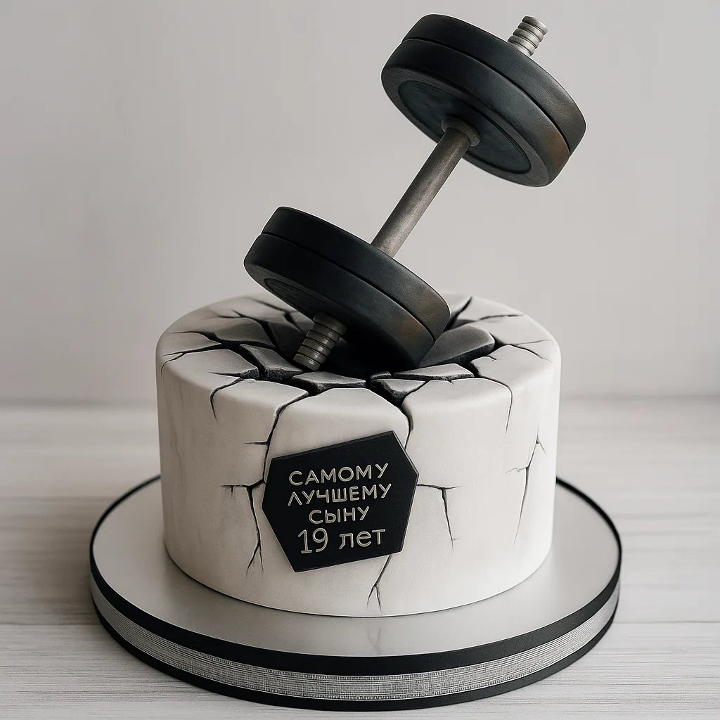 Freshly baked handcrafted Cracked Dumbbell Cake – Cake design by TF Cakes