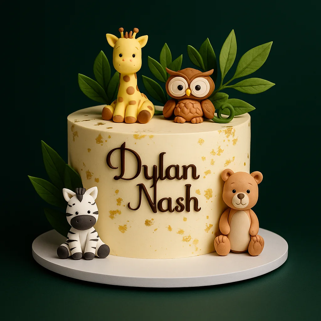 Giraffe Owl Teddy Jungle Cake - TF Cakes Online Delivery Freshly baked handcrafted Giraffe Owl Teddy Jungle Cake – Cake design by TF Cakes