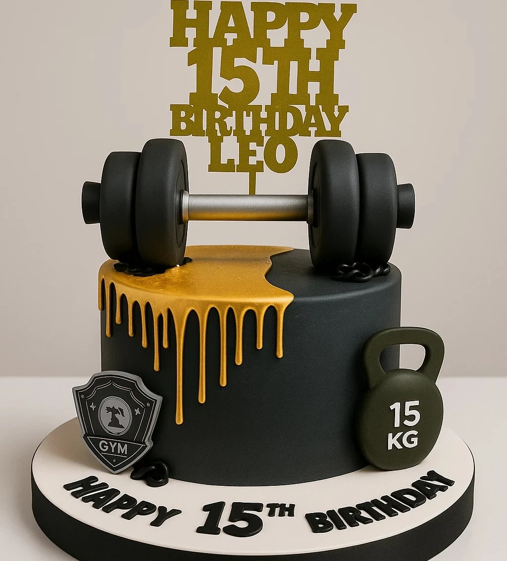 Gold Dumbbell Birthday Cake - TF Cakes Online Delivery Freshly baked handcrafted Gold Dumbbell Birthday Cake – Cake design by TF Cakes