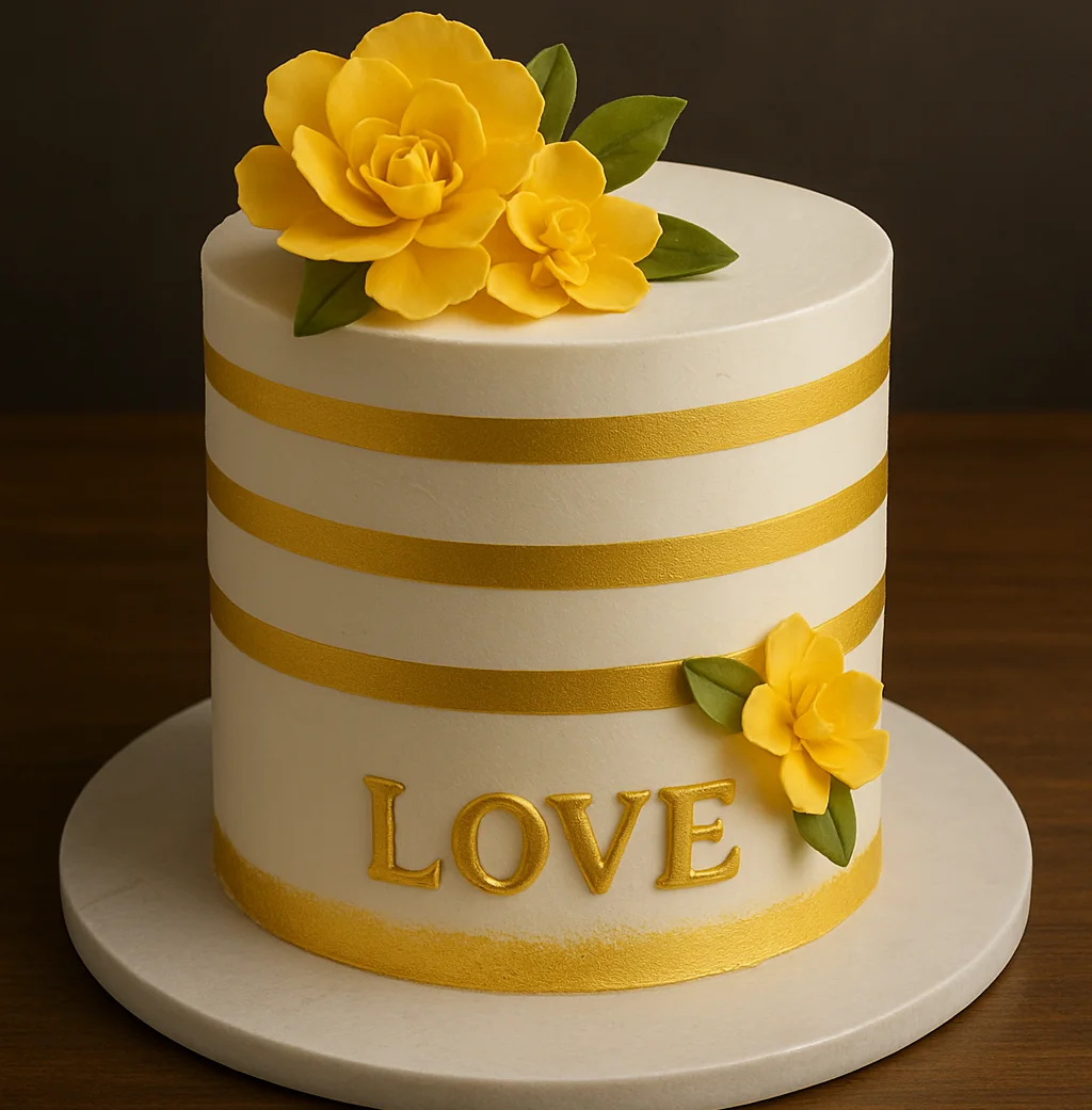 Golden Stripes & "LOVE" Cake - TF Cakes Online Delivery Freshly baked handcrafted Golden Stripes & "LOVE" Cake – Cake design by TF Cakes