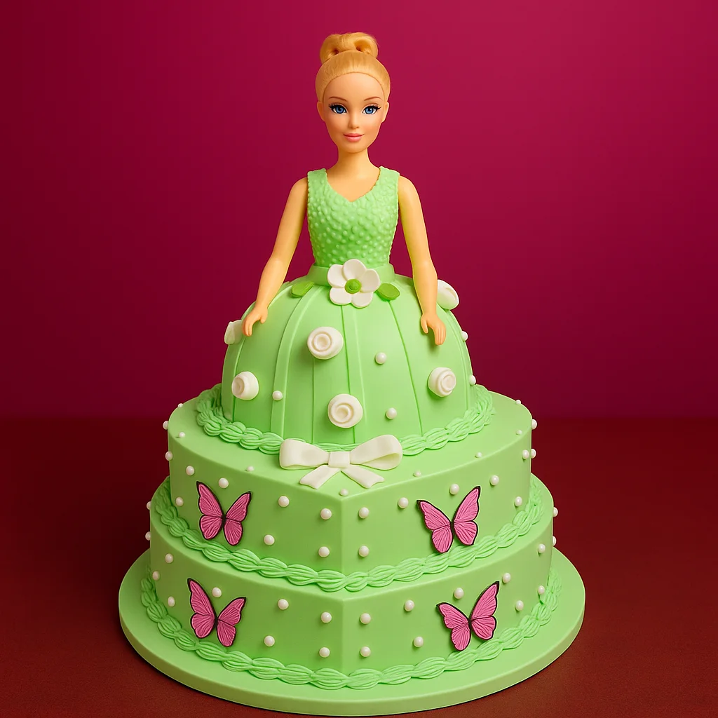Green Butterfly Barbie Cake - TF Cakes Online Delivery Freshly baked handcrafted Green Butterfly Barbie Cake – Cake design by TF Cakes