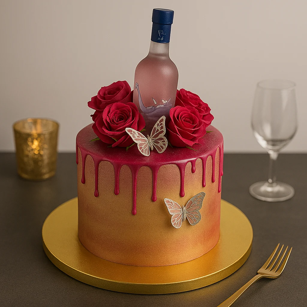 Freshly baked handcrafted Grey Goose Birthday Party Cake – Cake design by TF Cakes