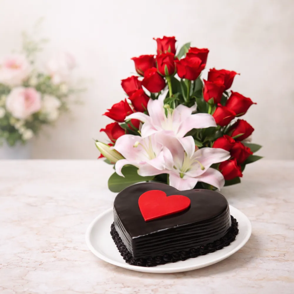 Freshly baked handcrafted Heart Shaped Chocolate Cake with Rose & Lily Bouquet – Cake design by TF Cakes