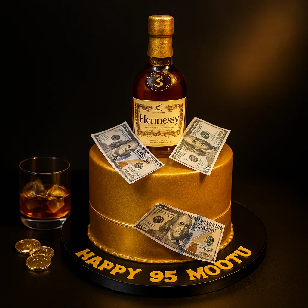 Hennessy Gold Money Cake - TF Cakes Online Delivery Freshly baked handcrafted Hennessy Gold Money Cake – Cake design by TF Cakes
