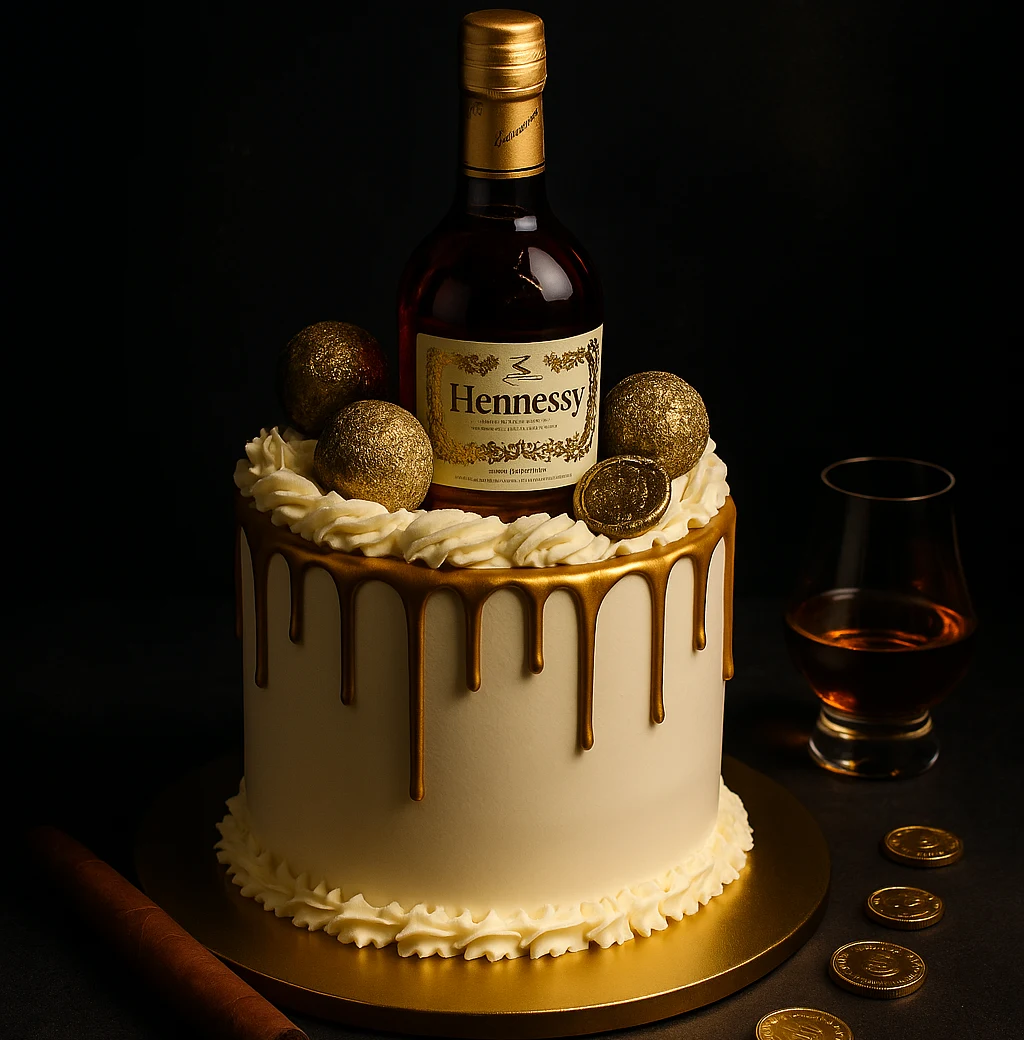 Hennessy Vs Cognac Gold Drip Cake - TF Cakes Online Delivery Freshly baked handcrafted Hennessy Vs Cognac Gold Drip Cake – Cake design by TF Cakes