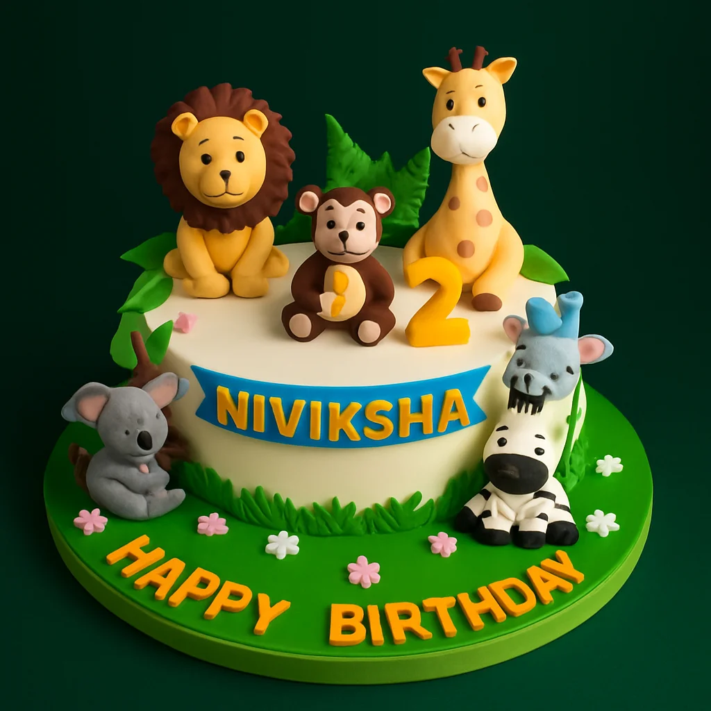 Jungle Animals Second Birthday Cake - TF Cakes Online Delivery Freshly baked handcrafted Jungle Animals Second Birthday Cake – Cake design by TF Cakes