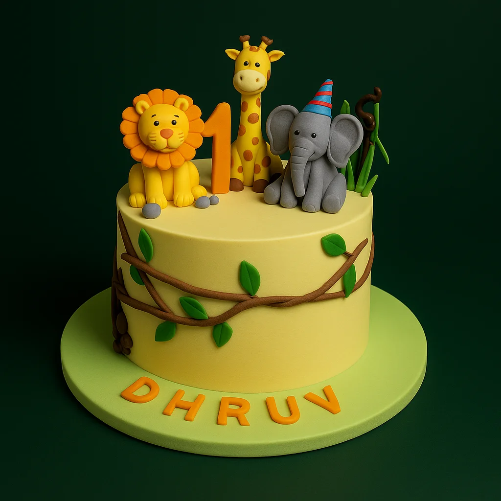Jungle Theme Lion Giraffe Elephant Cake - TF Cakes Online Delivery Freshly baked handcrafted Jungle Theme Lion Giraffe Elephant Cake – Cake design by TF Cakes