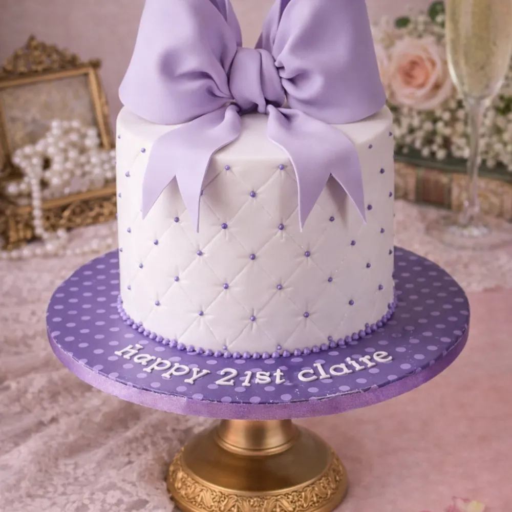 Freshly baked handcrafted Lavender Bow Vintage Cake – Cake design by TF Cakes