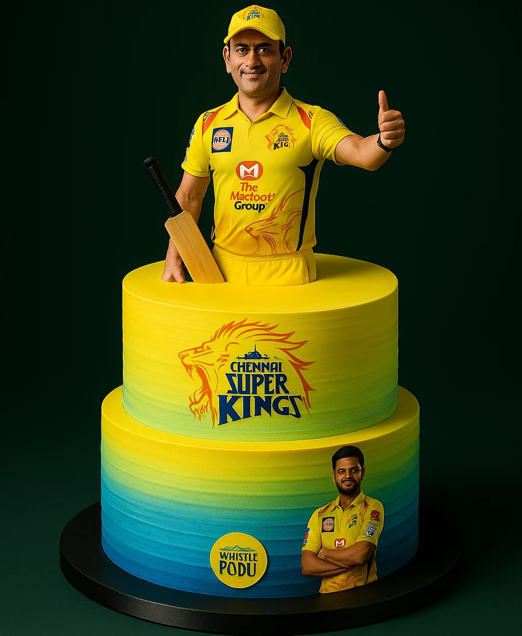 MSD Chennai Super Kings Two Tier Cake - TF Cakes Online Delivery Freshly baked handcrafted MSD Chennai Super Kings Two Tier Cake – Cake design by TF Cakes