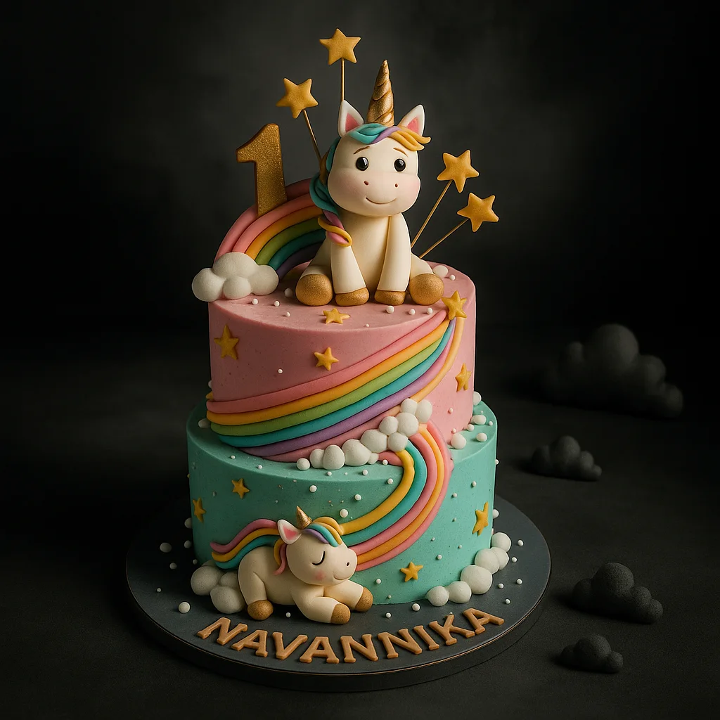 Majestic Two Tier Rainbow Gold Star Unicorn Cake - Fresh Eggless Cake Delivery | TF Cakes (View 1)