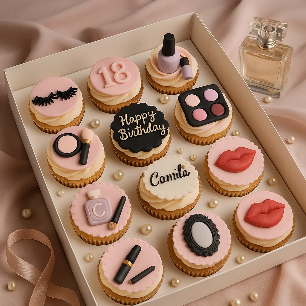 Makeup Theme Cupcakes Box - TF Cakes Online Delivery Freshly baked handcrafted Makeup Theme Cupcakes Box – Cake design by TF Cakes