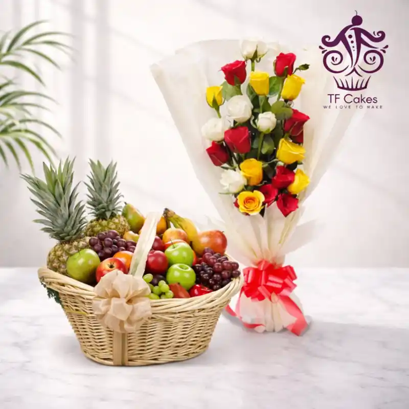 Mixed Roses Bouquet with Deluxe Fresh Fruit Basket - TF Cakes Online Delivery Freshly baked handcrafted Mixed Roses Bouquet with Deluxe Fresh Fruit Basket – Cake design by TF Cakes