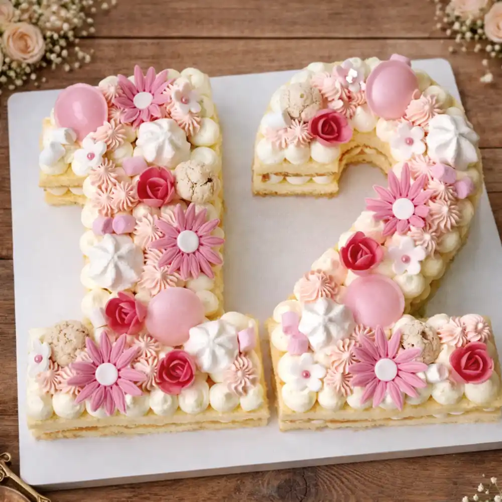 Number 12 Floral Cream Cake - TF Cakes Online Delivery Freshly baked handcrafted Number 12 Floral Cream Cake – Cake design by TF Cakes
