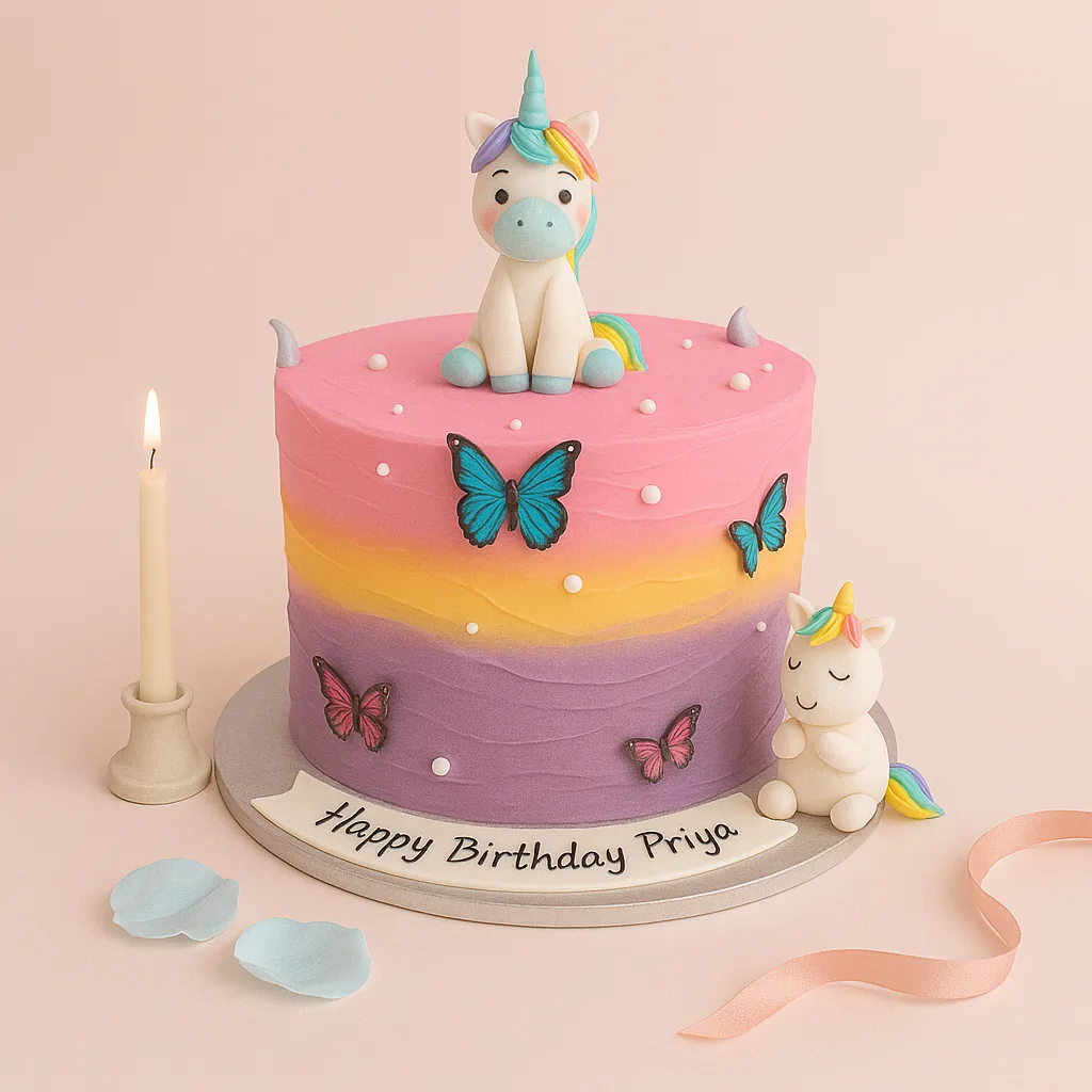 Ombre Rainbow Unicorn Butterfly Cake - TF Cakes Online Delivery Freshly baked handcrafted Ombre Rainbow Unicorn Butterfly Cake – Cake design by TF Cakes
