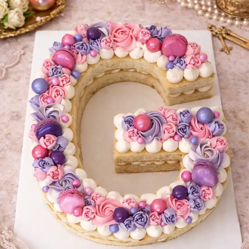 Pastel Pearl Letter G Cake - TF Cakes Online Delivery Freshly baked handcrafted Pastel Pearl Letter G Cake – Cake design by TF Cakes