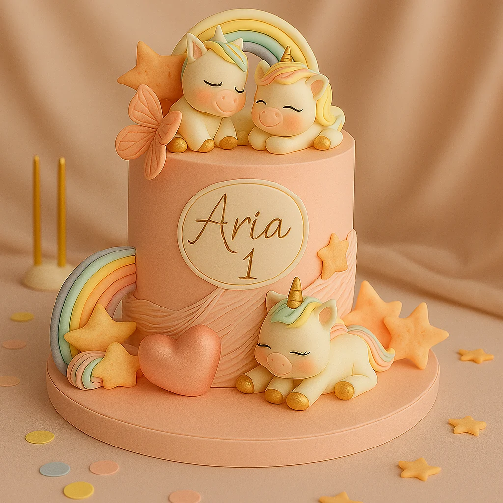 Pastel Twin Unicorns 1st Birthday Cake - TF Cakes Online Delivery Freshly baked handcrafted Pastel Twin Unicorns 1st Birthday Cake – Cake design by TF Cakes