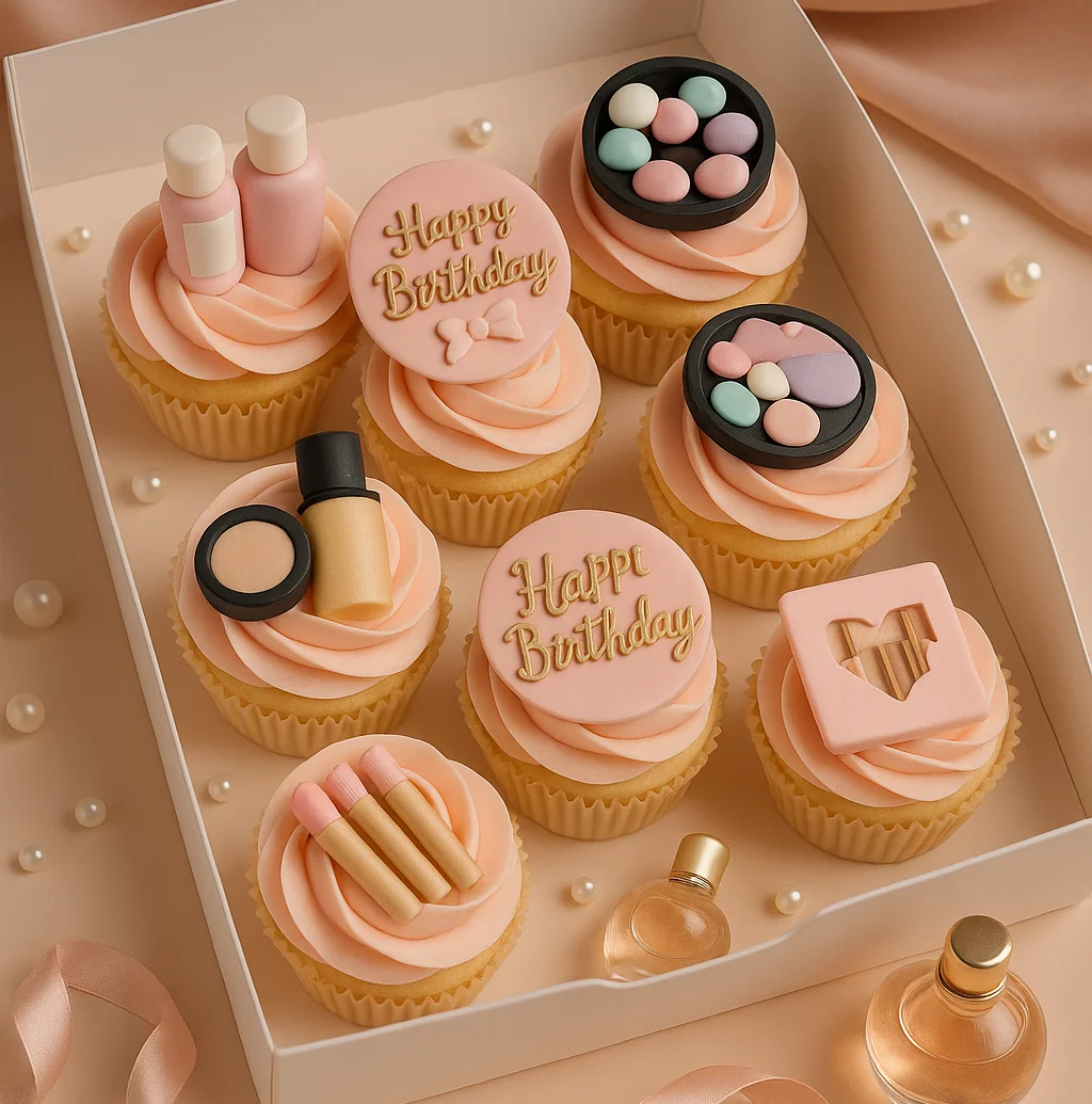 Peach Pastel Makeup Cupcakes - TF Cakes Online Delivery Freshly baked handcrafted Peach Pastel Makeup Cupcakes – Cake design by TF Cakes