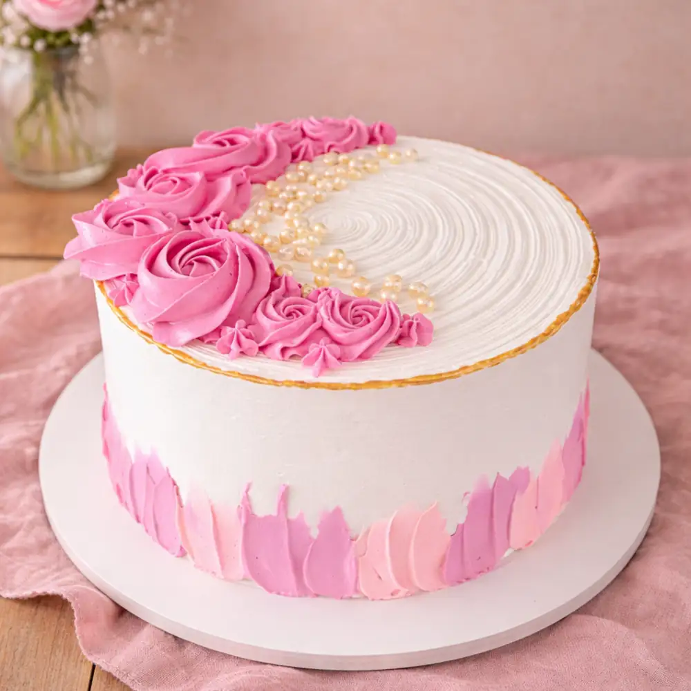Freshly baked handcrafted Pearl Rose Vintage Cake – Cake design by TF Cakes