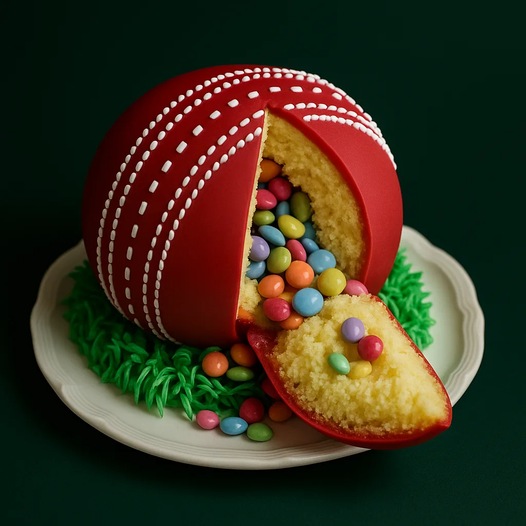 Pinata Cricket Ball Half Sphere Cake - TF Cakes Online Delivery Freshly baked handcrafted Pinata Cricket Ball Half Sphere Cake – Cake design by TF Cakes