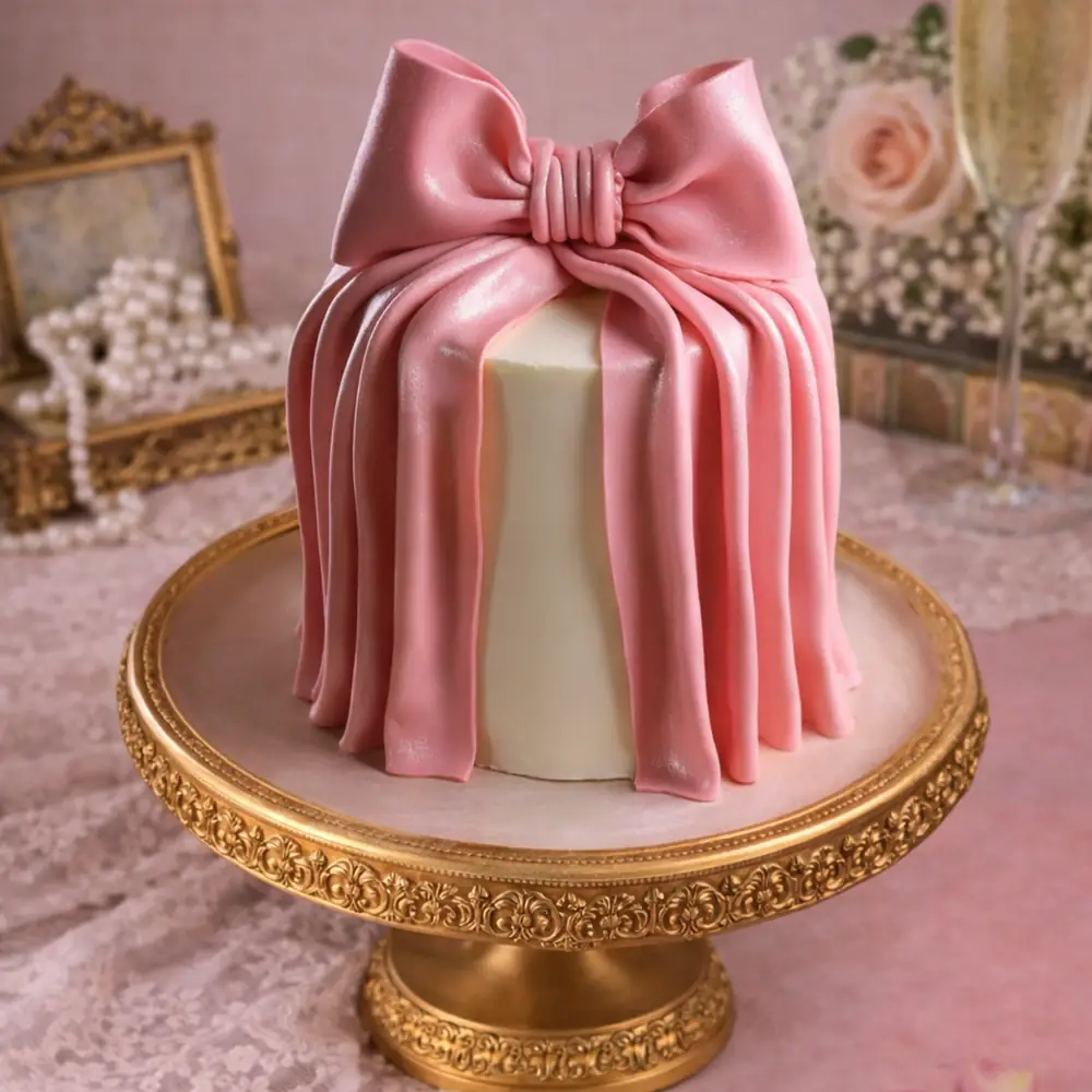 Freshly baked handcrafted Pink Draped Ribbon Cake – Cake design by TF Cakes