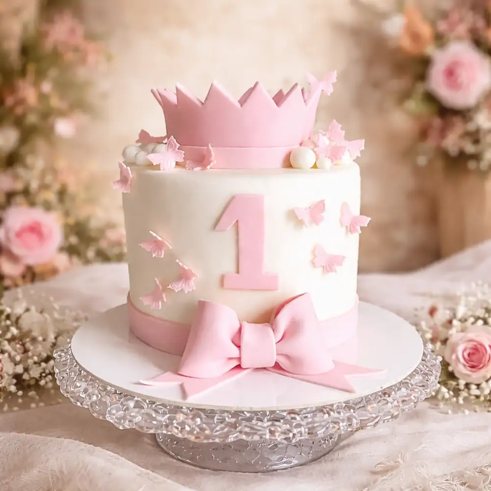 Pink Princess Crown 1st Birthday Cake - TF Cakes Online Delivery Freshly baked handcrafted Pink Princess Crown 1st Birthday Cake – Cake design by TF Cakes