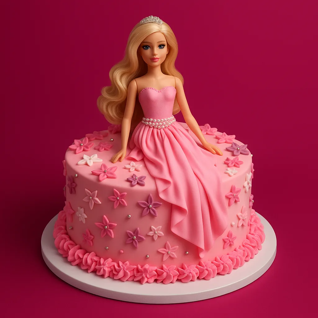 Pink Floral Barbie Cake - TF Cakes Online Delivery Freshly baked handcrafted Pink Floral Barbie Cake – Cake design by TF Cakes