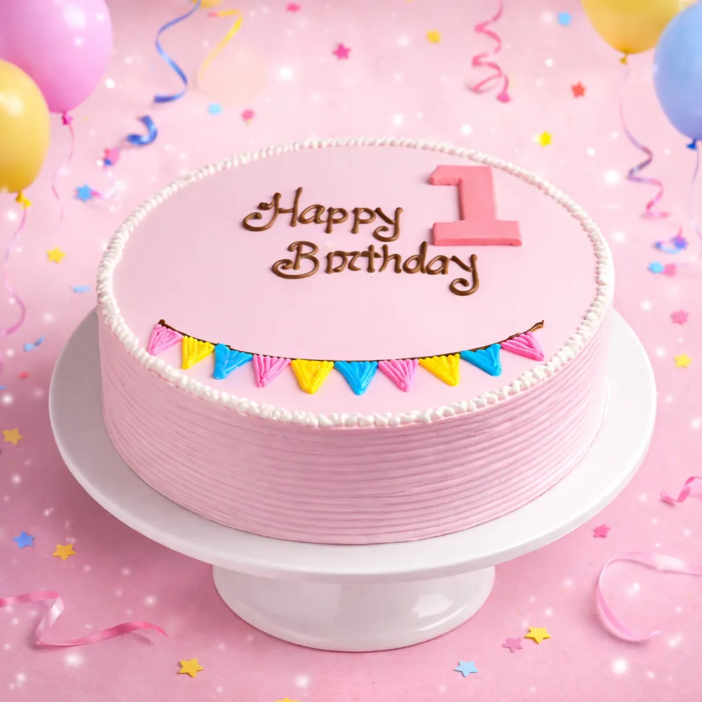 Pink Theme Happy 1st Birthday Cake for Baby Girl - Fresh Eggless Cake Delivery | TF Cakes (View 1)