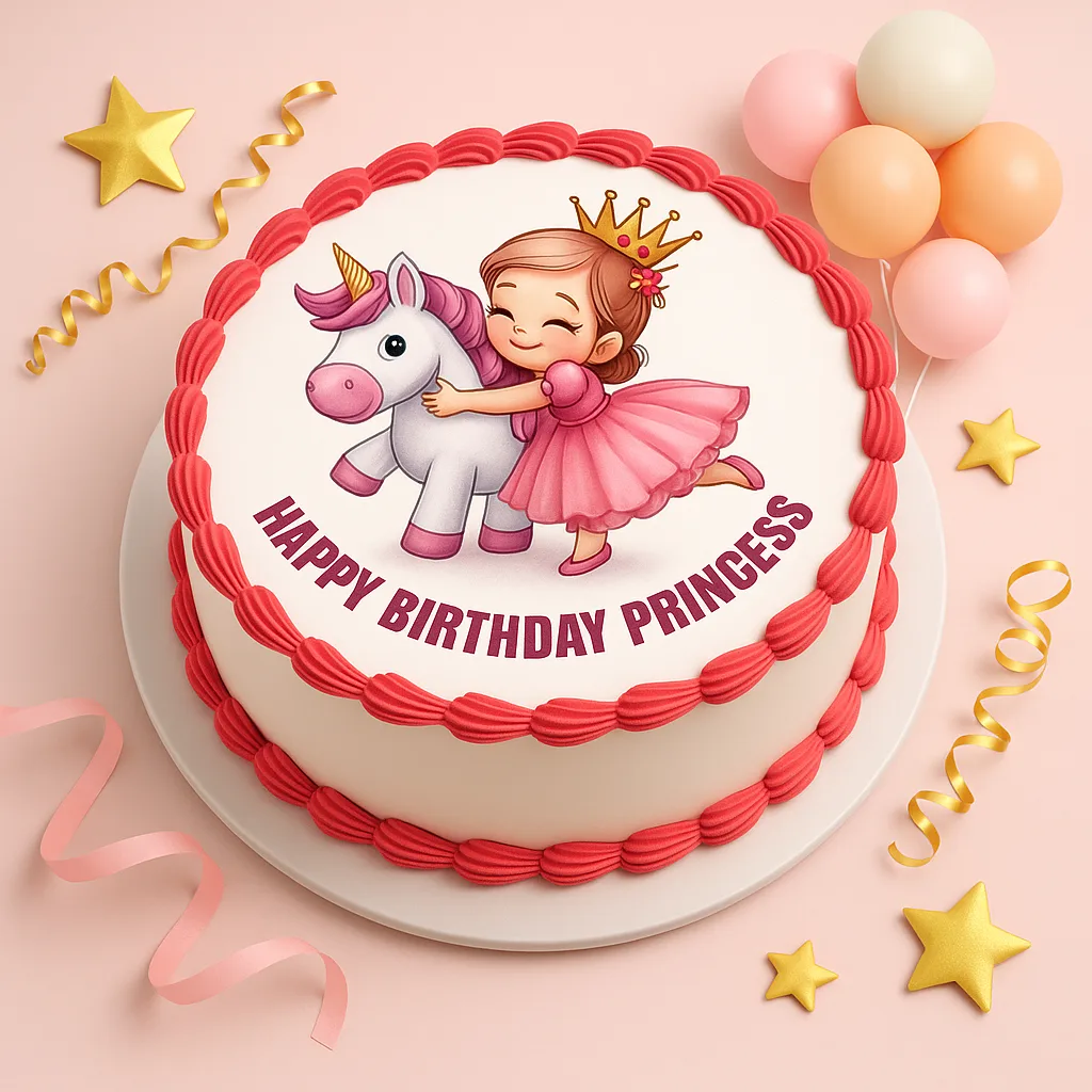 Princess Hugging Unicorn Photo Cake - TF Cakes Online Delivery Freshly baked handcrafted Princess Hugging Unicorn Photo Cake – Cake design by TF Cakes